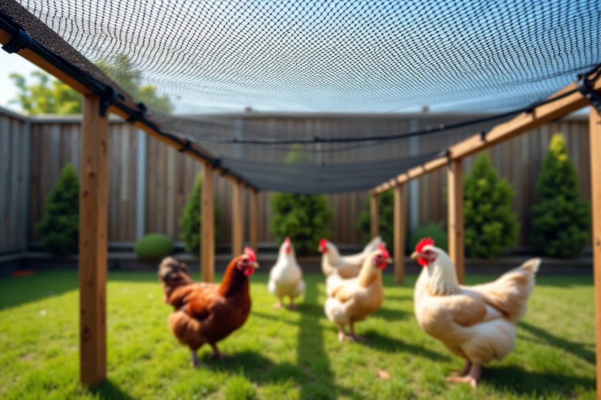Filet anti-oiseaux noir tendu au-dessus du toit d'un enclos de poules pour bloquer l'accès des corvidés