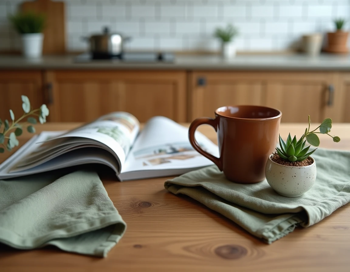 Flat lay décoratif sur table en bois rustique avec céramique artisanale, magazine déco et plantes succulentes