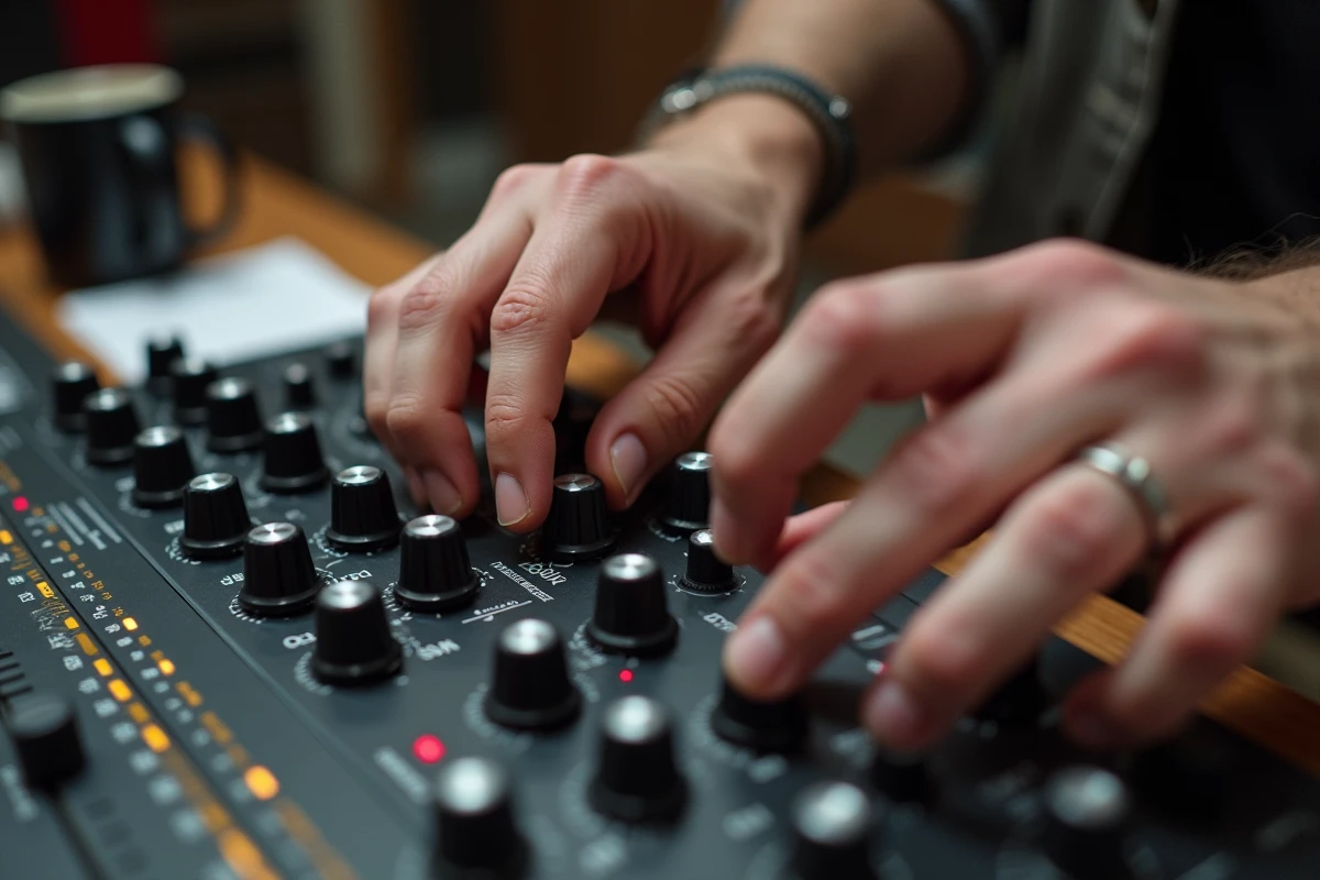 Gros plan sur les mains d'un ingénieur du son réglant les boutons d'une boîte à rythmes Roland TR-808 dans une régie de studio professionnel