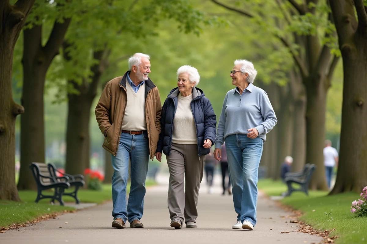 Groupe de seniors marchant dans un parc verdoyant