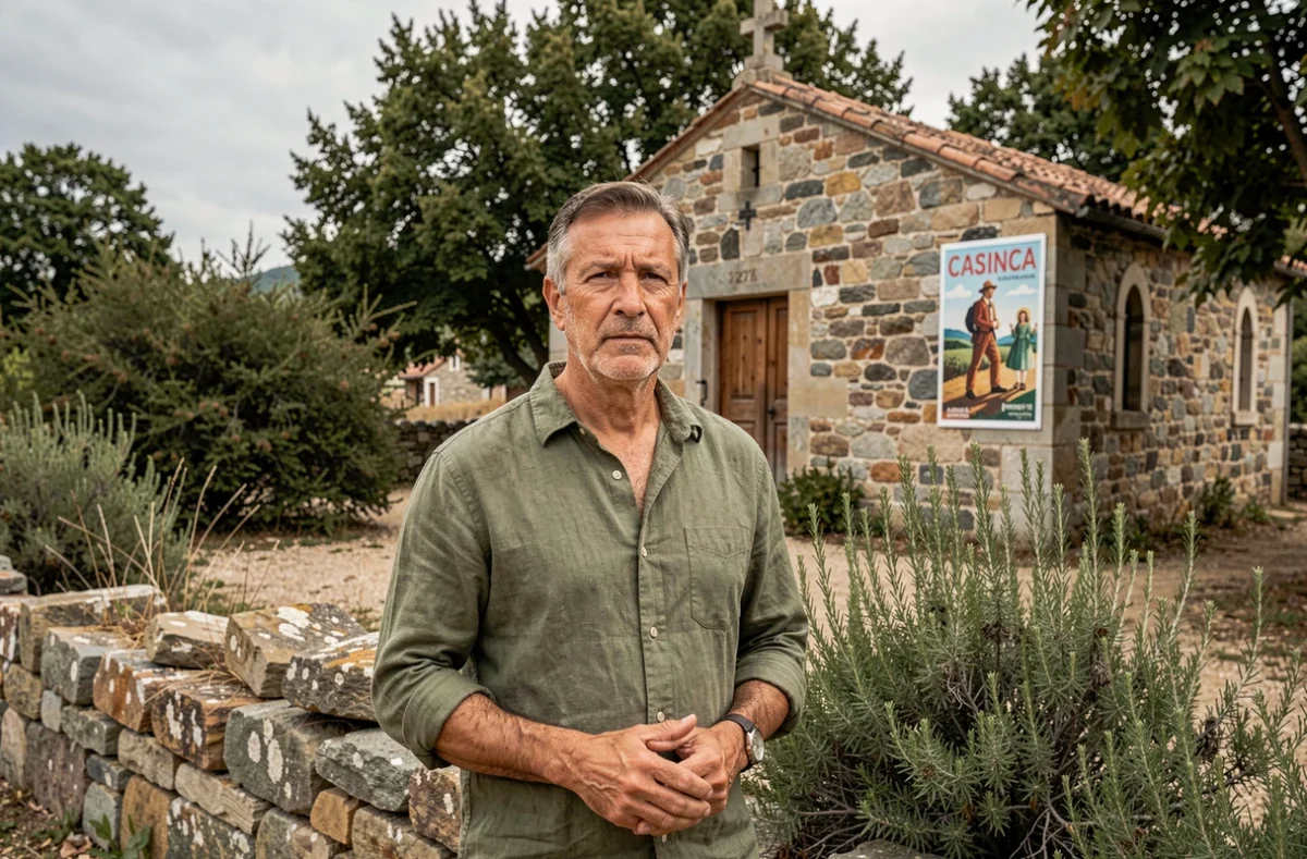 Homme corse devant une chapelle historique en pierre en Casinca avec une affiche d'événement local