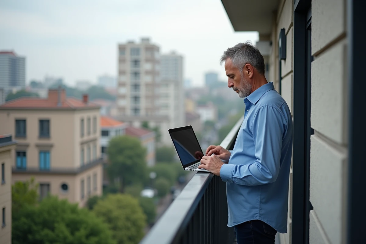 Homme sur balcon comparant solutions domotiques en ligne