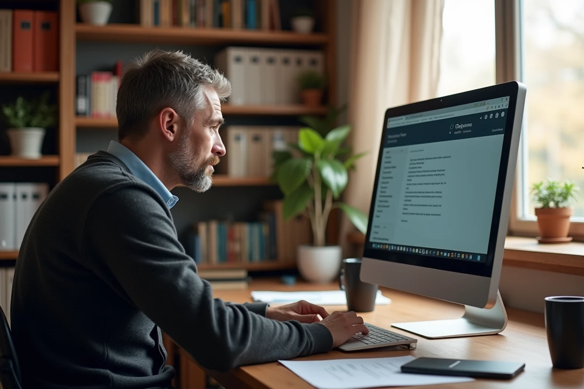 Homme consultant un guide de dépannage sur son ordinateur de bureau à domicile pour résoudre un problème logiciel Arkevia