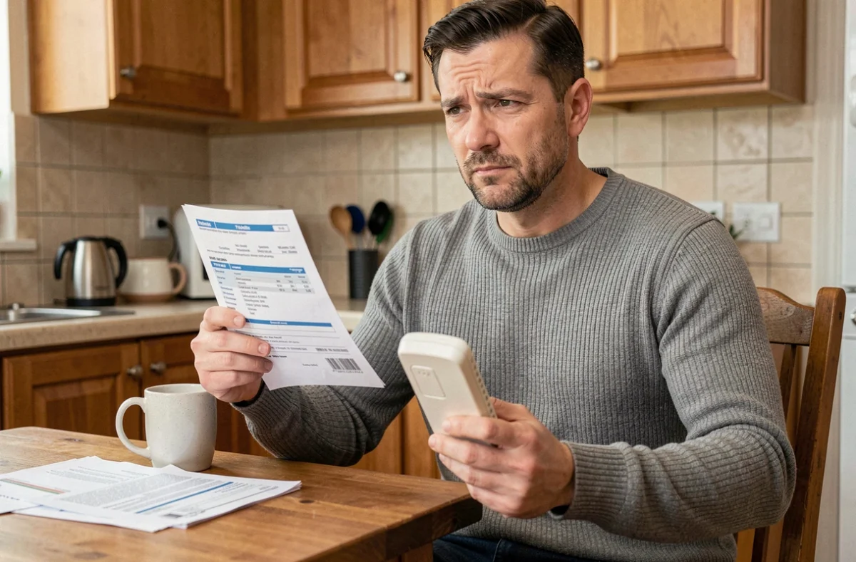 Homme à domicile examinant une facture téléphonique pour identifier la fiabilité d'un numéro 0270 service client