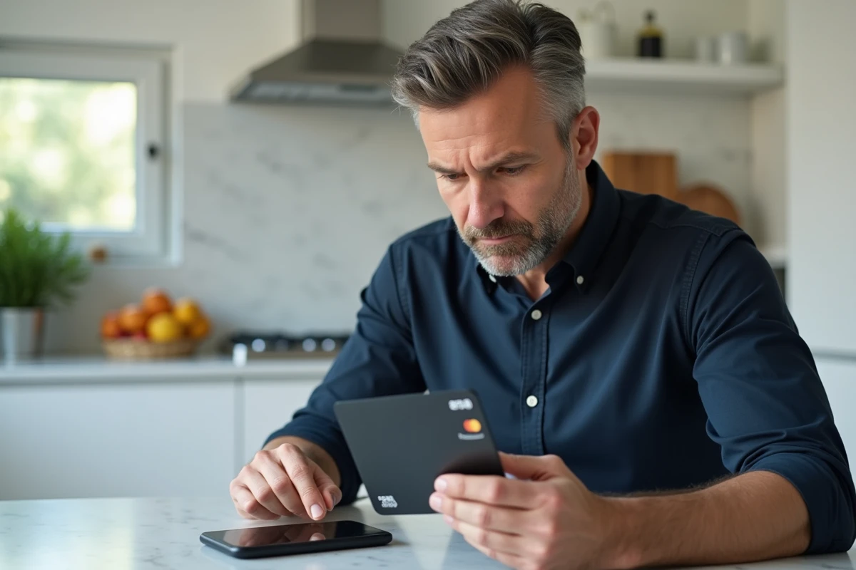 Homme lisant le verso d'un chèque Kadéos à côté d'un smartphone affichant Amazon