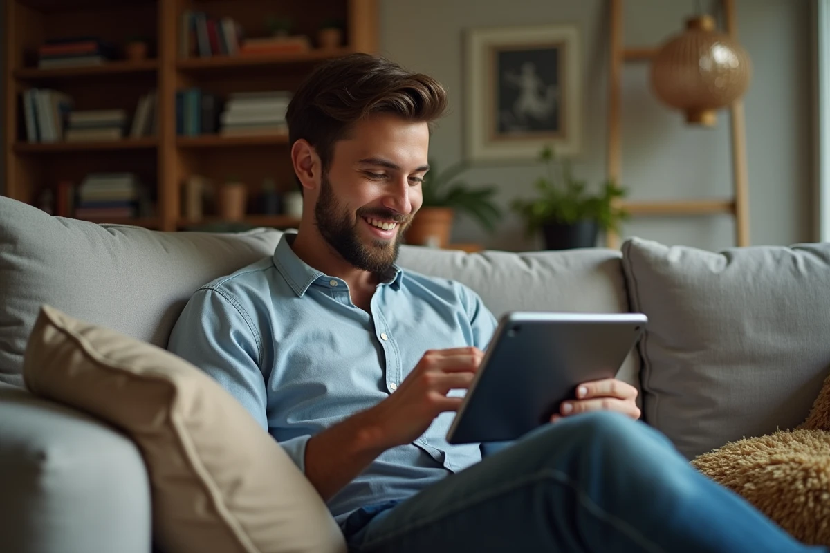 Jeune homme lisant tranquillement sur un sofa