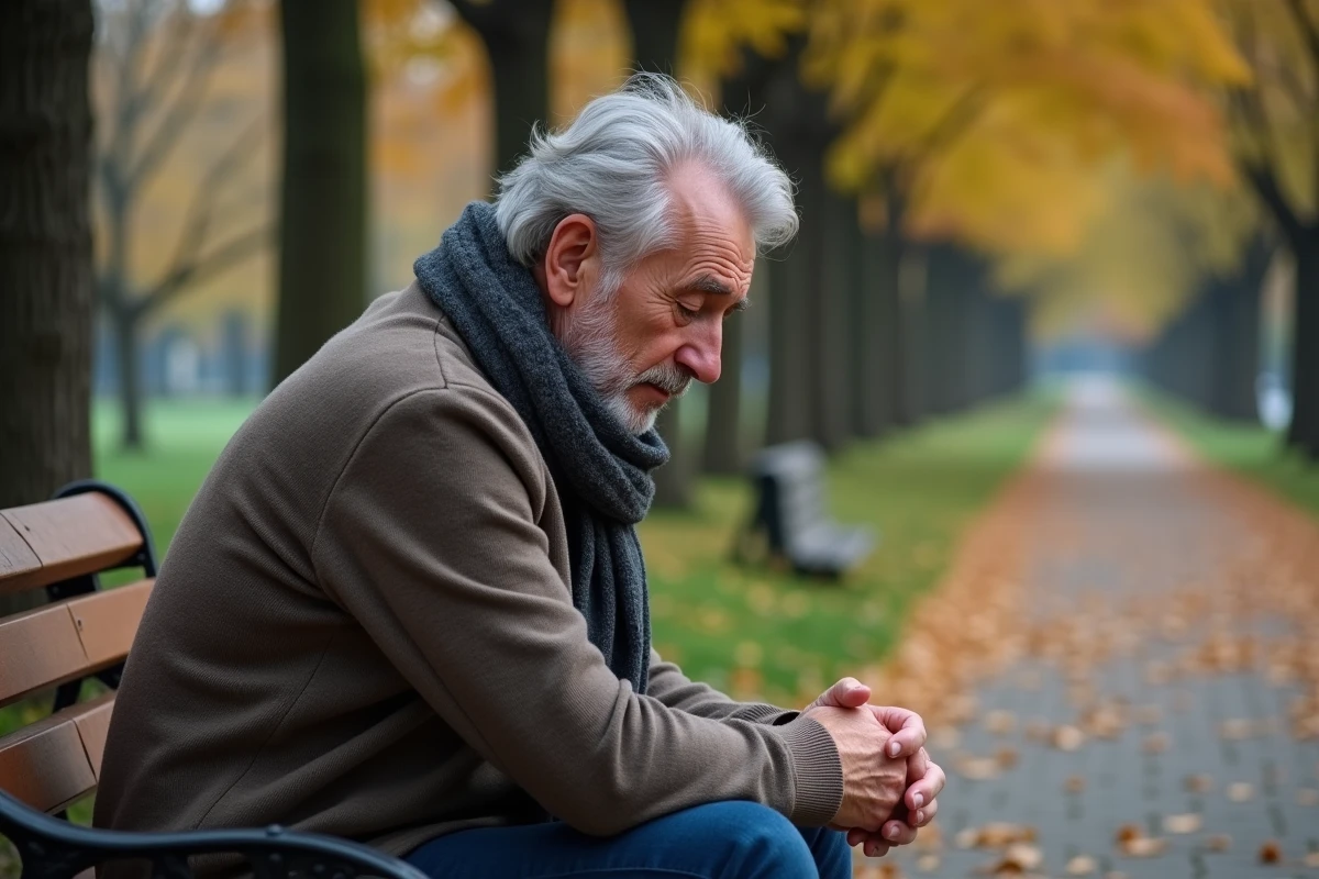 Homme d age moyen assis sur un banc en parc automne