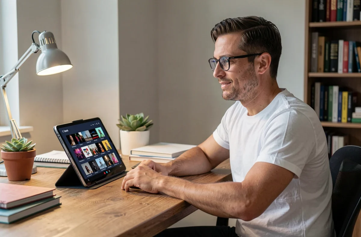 Homme utilisant une tablette pour regarder des chaînes TV en streaming gratuit dans un bureau à domicile