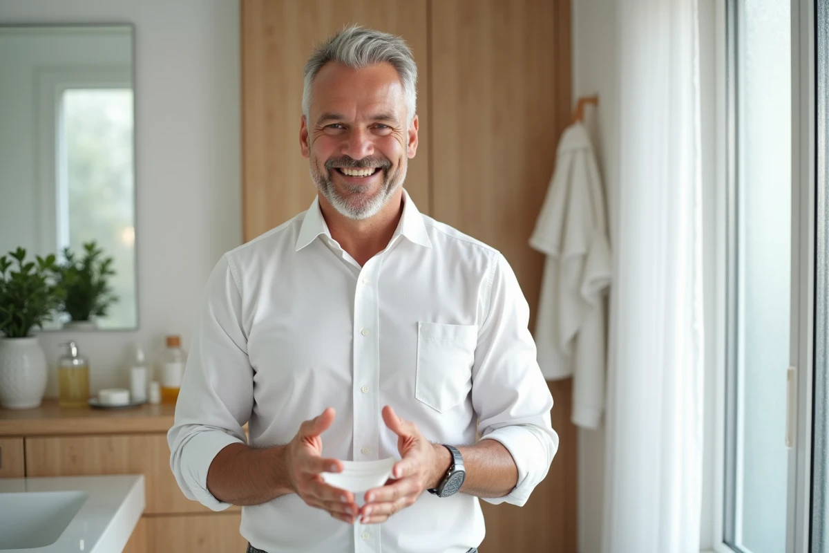 Homme montrant comment utiliser un coton avec micellar water