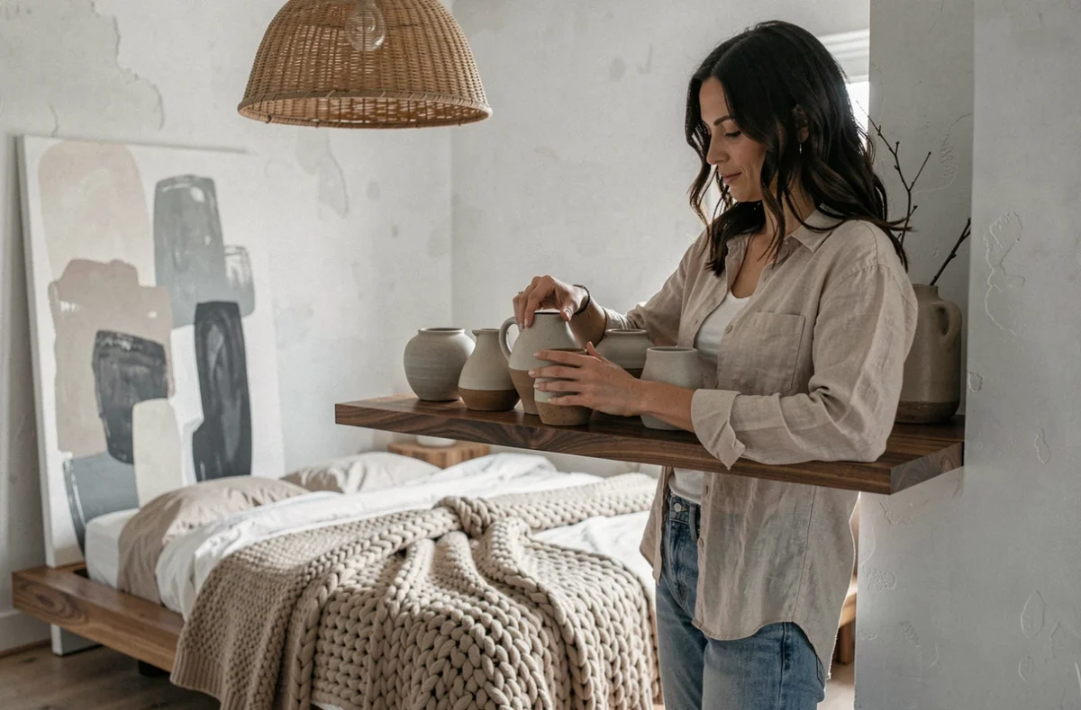 Femme arrangeant des objets en céramique sur une étagère en noyer dans une chambre de style scandinave avec linge de lit en maille épaisse, inspiration déco intérieure