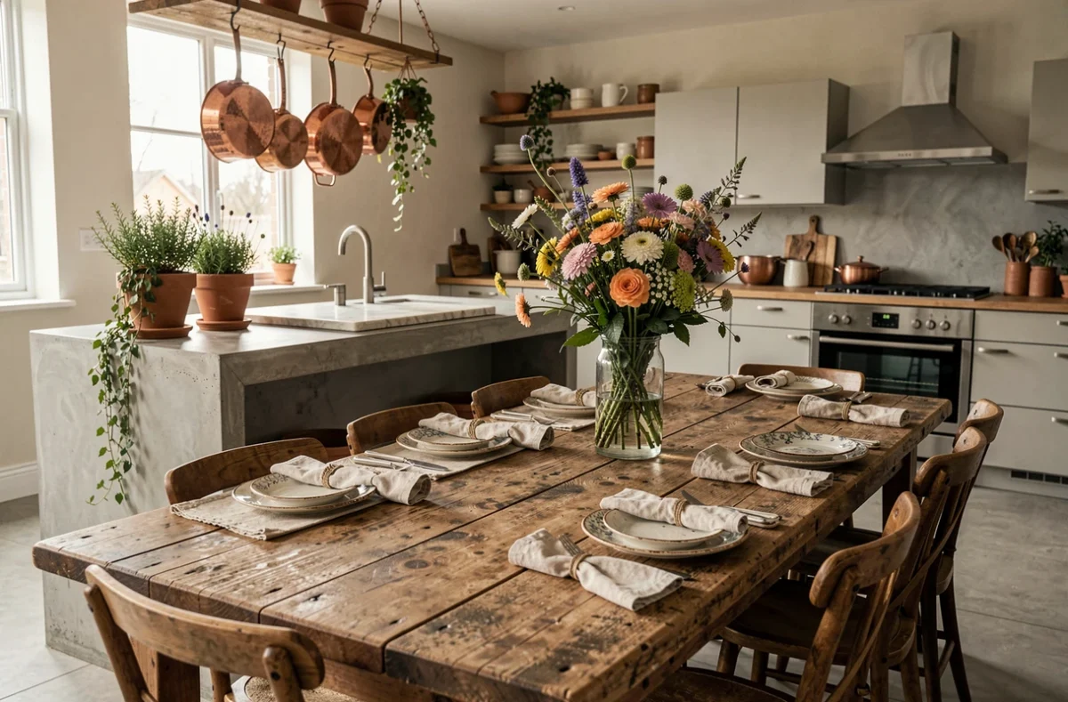 Cuisine ouverte avec îlot en béton brut, table en bois recyclé et décoration en céramique artisanale, idées déco pour transformer l'intérieur avec créativité et style