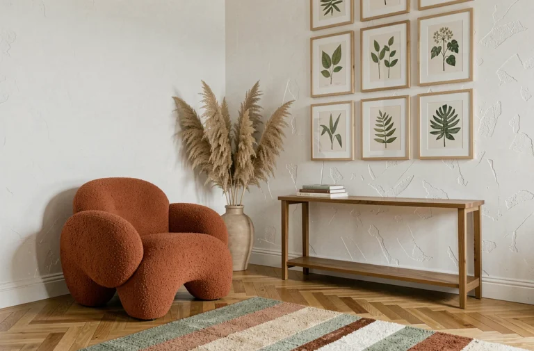Coin salon moderne décoré avec un fauteuil en bouclette terracotta, un mur galerie de cadres botaniques et un parquet en chêne, idées déco tendance pour intérieur stylé