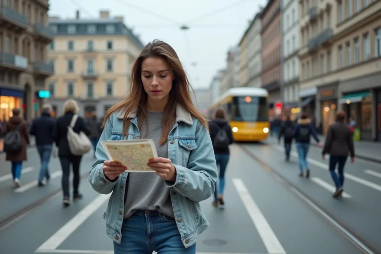 Jeune femme avec carte dans rue animée de Bucarest