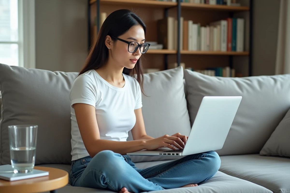 Jeune femme à lunettes résolvant un bug Arkevia sur son ordinateur portable depuis son salon, consultant une page d'aide en ligne
