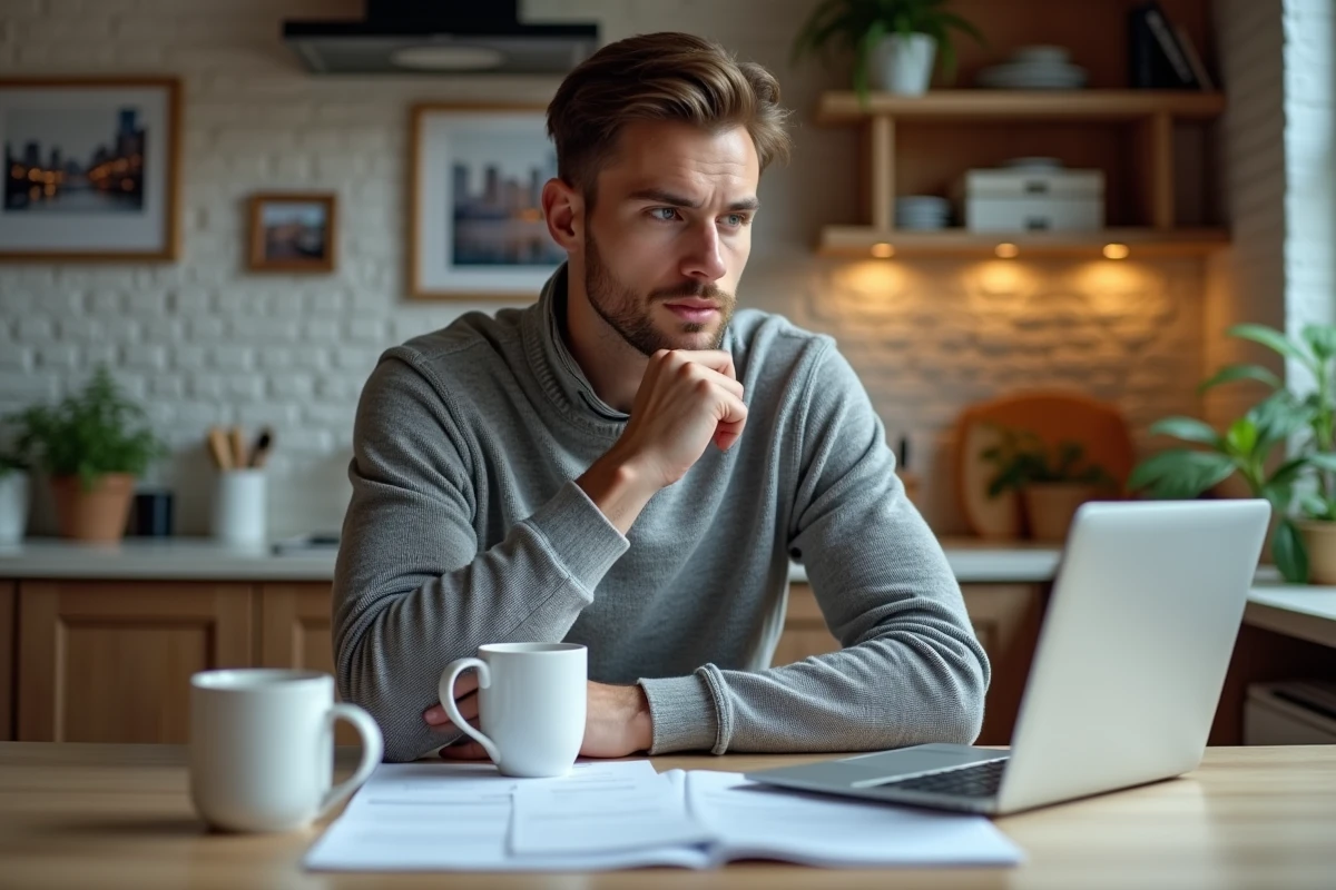 Jeune homme concentré avec papiers et ordinateur dans sa cuisine