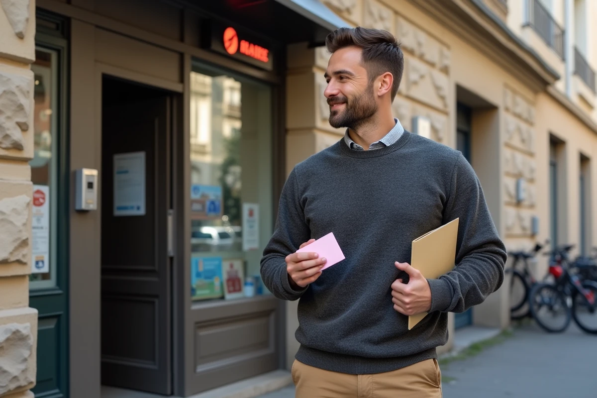 Jeune homme avec enveloppe et permis devant une poste en France