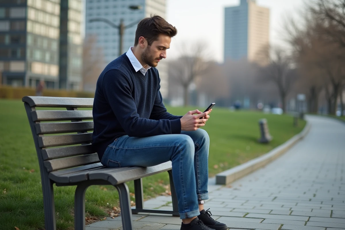 Jeune homme avec prothese utilisant un smartphone en plein air