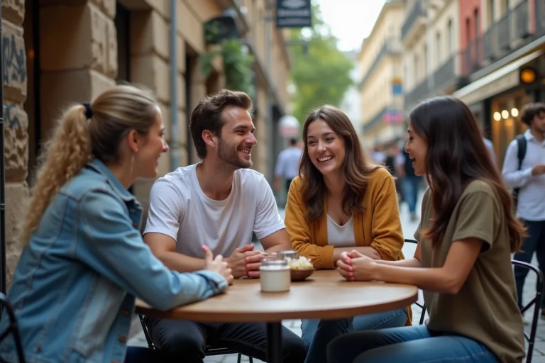 Groupe de jeunes adultes discutant dans un café en ville