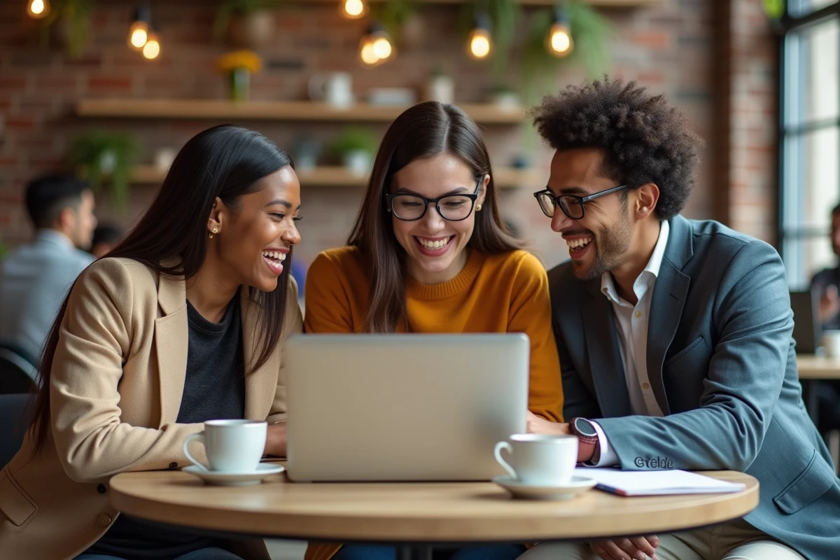 Groupe de jeunes professionnels collaborant sur une candidature d'emploi dans un espace de co-working moderne