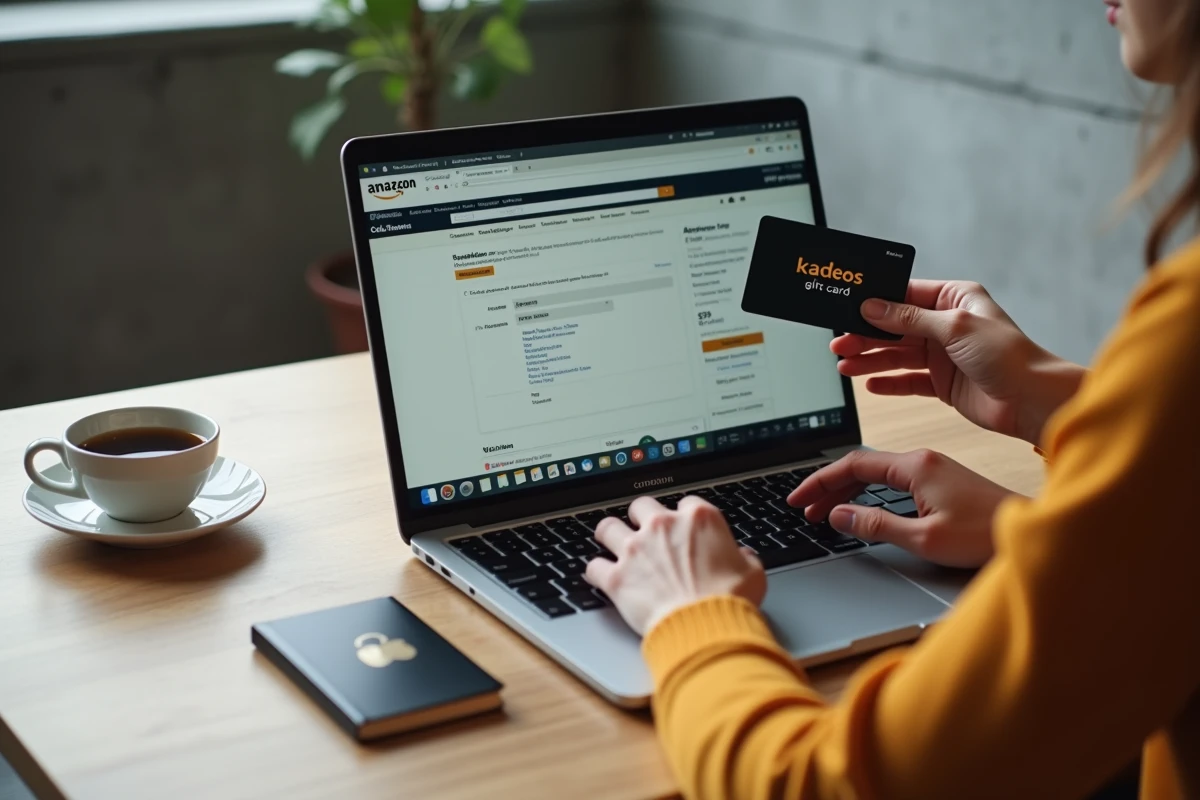 Mains utilisant une carte Kadéos pour saisir un code de paiement sur la page Amazon