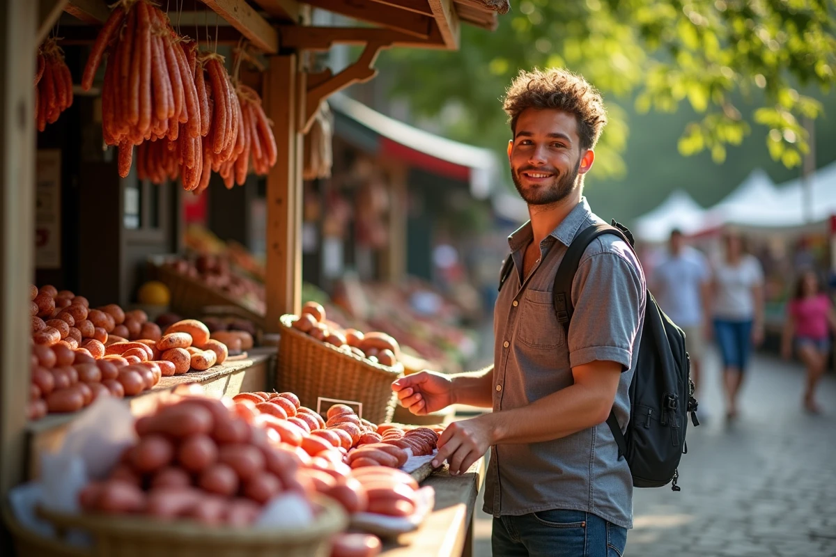 Jeune homme examinant des saucisses dans un stand de marché en plein air