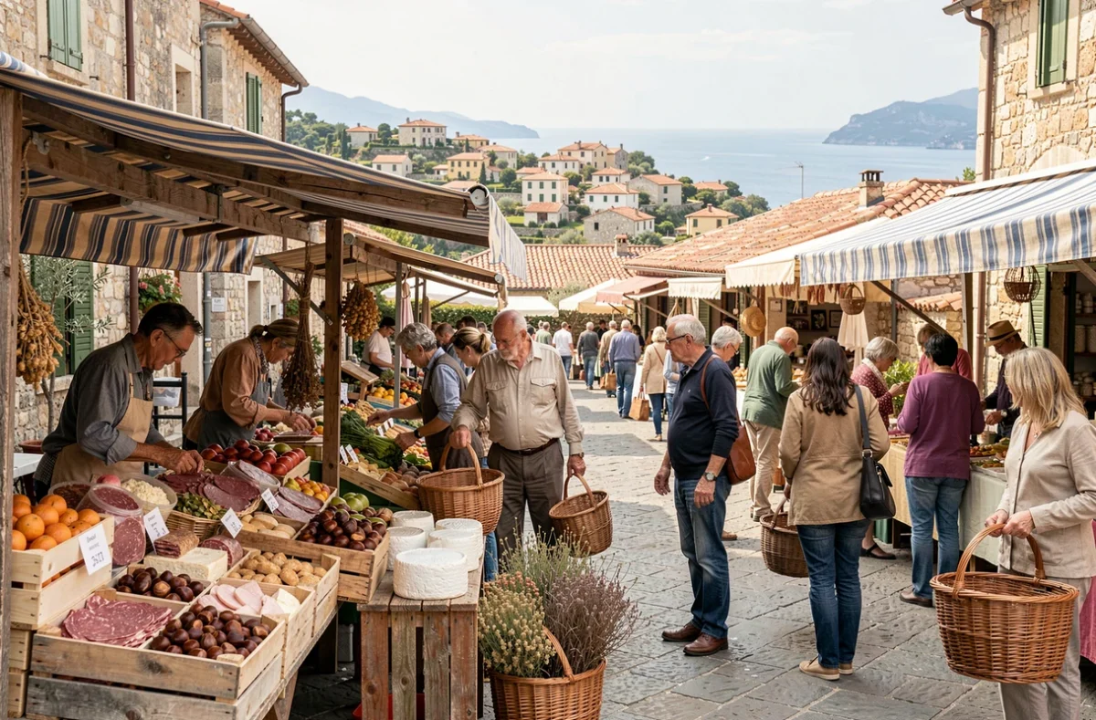 Marché local animé en plein air en Casinca avec producteurs corses et produits régionaux typiques