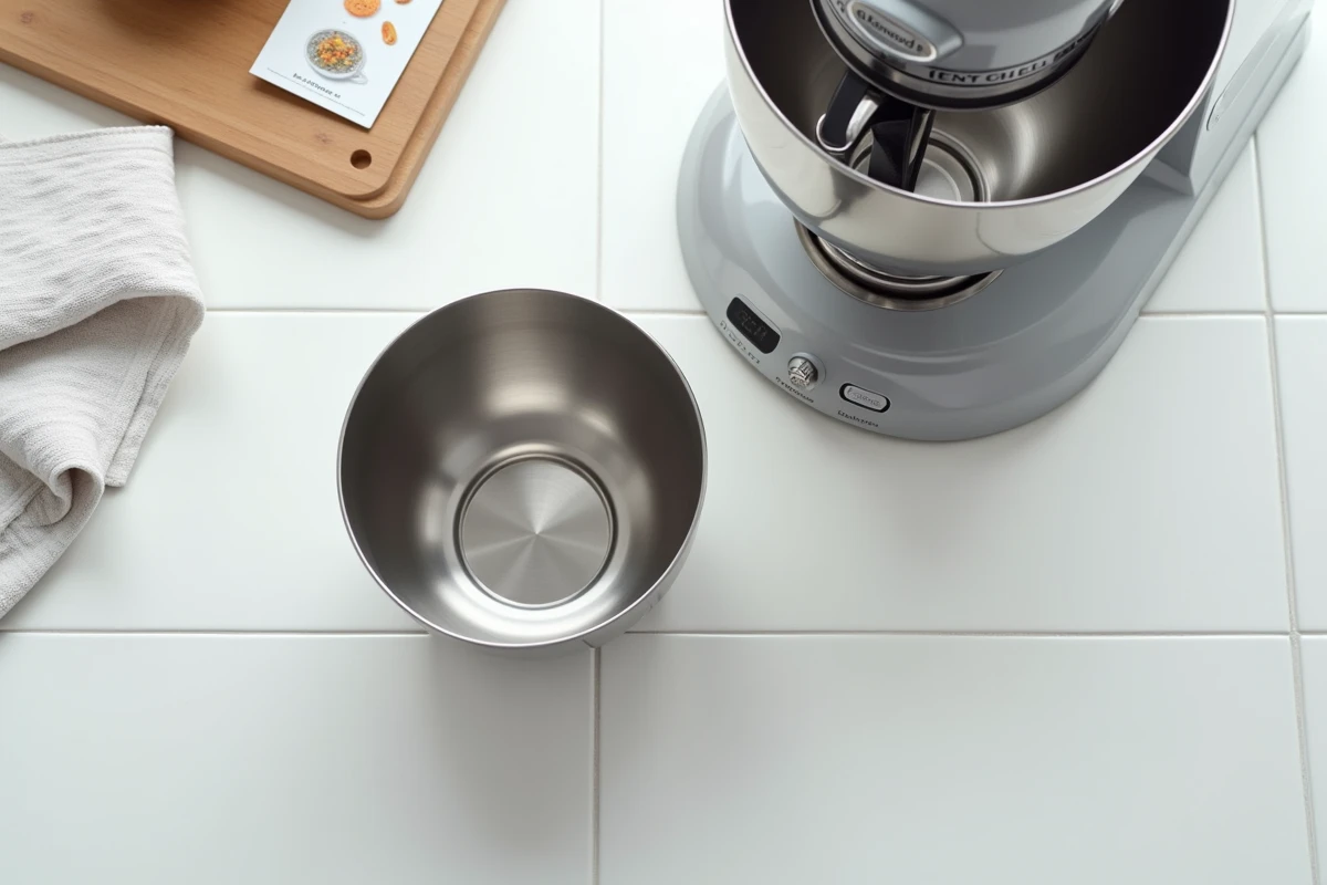 Vue de dessus du bol en inox détaché d'un robot Kenwood montrant le mécanisme de verrouillage et les languettes de déverrouillage sur un plan de travail carrelé