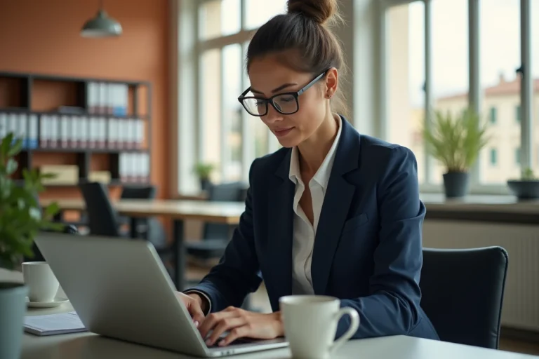 Enseignante de l'Académie d'Aix-Marseille consultant sa messagerie professionnelle sur un ordinateur portable dans un bureau administratif moderne