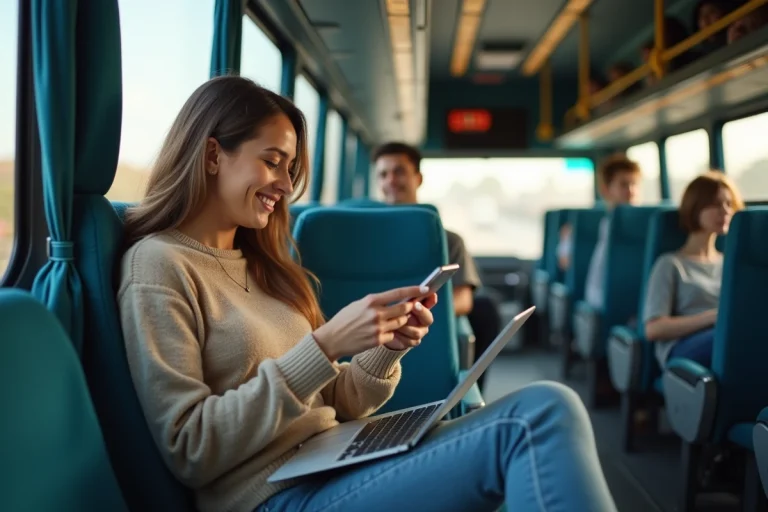 Femme détendue dans un bus long distance avec smartphone