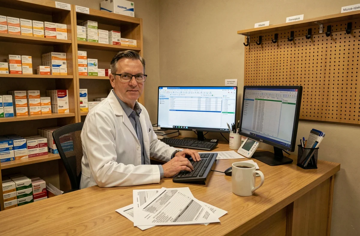 Pharmacien gérant les stocks et les commandes sur ordinateur dans un bureau de pharmacie