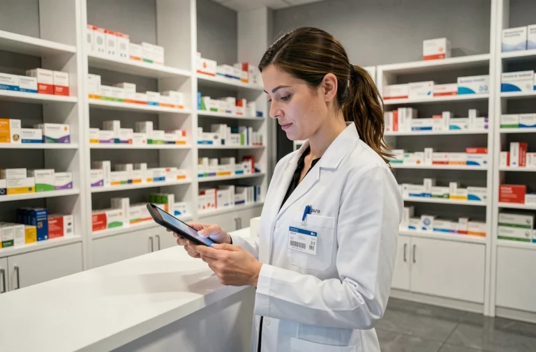 Pharmacienne consultant une tablette numérique derrière le comptoir d'une pharmacie moderne bien organisée