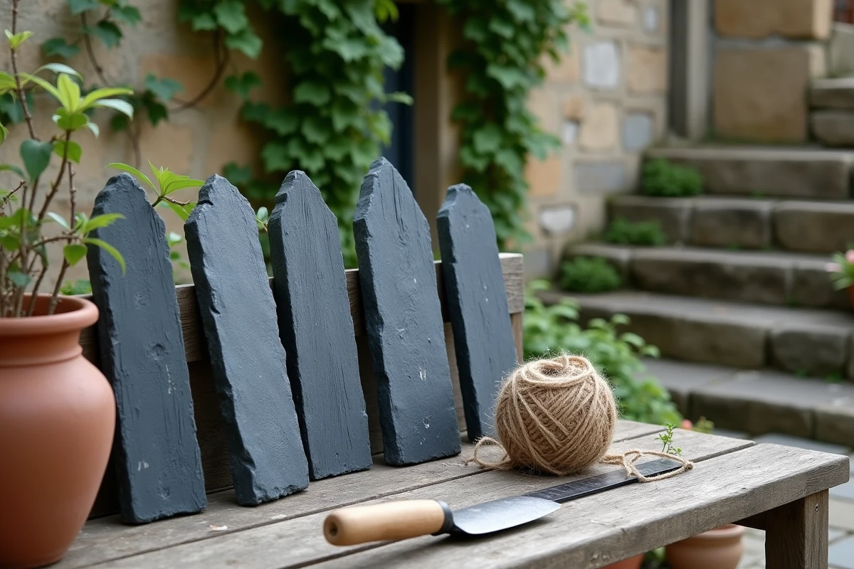 Piquets de schiste et outils de jardinage disposés sur un établi en bois avant la pose