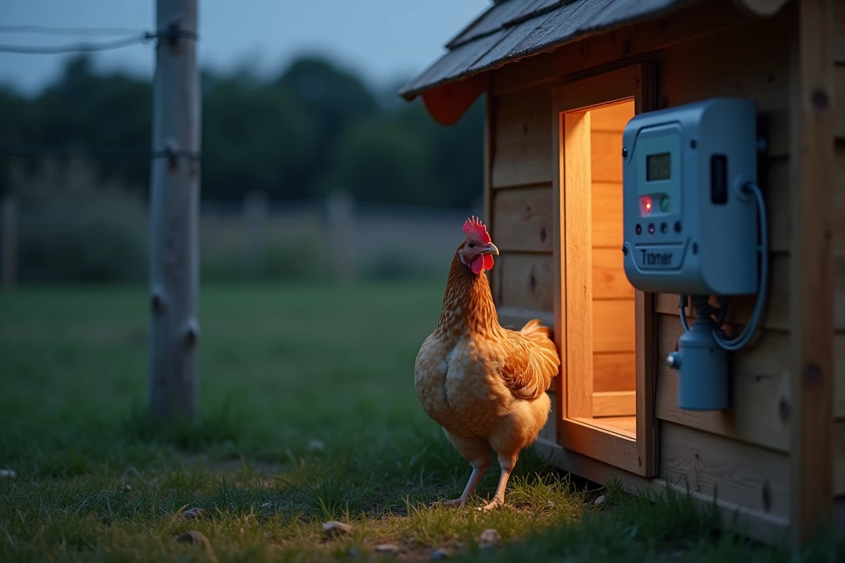 Portier automatique motorisé installé sur la porte d'un poulailler en bois avec minuterie numérique