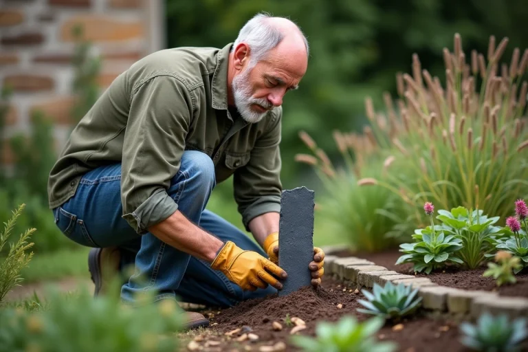 Homme posant un piquet de schiste dans un massif de jardin avec des gants de jardinage en cuir