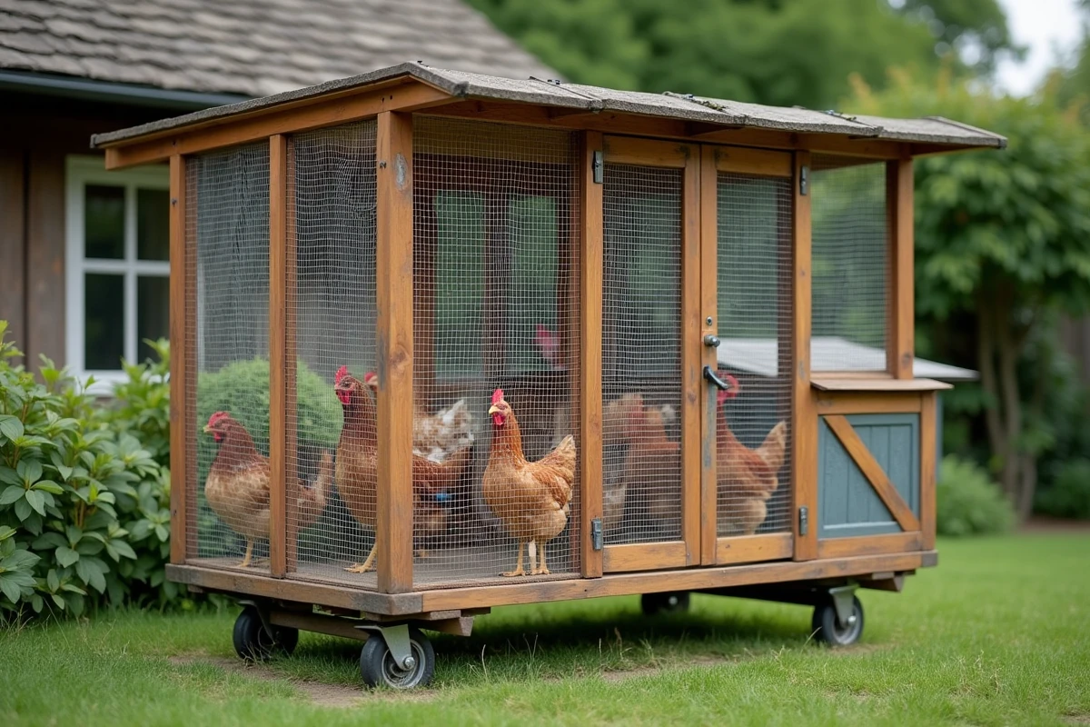 Poulailler mobile entièrement grillagé sur tous les côtés et le dessus pour protéger les poules des corvidés
