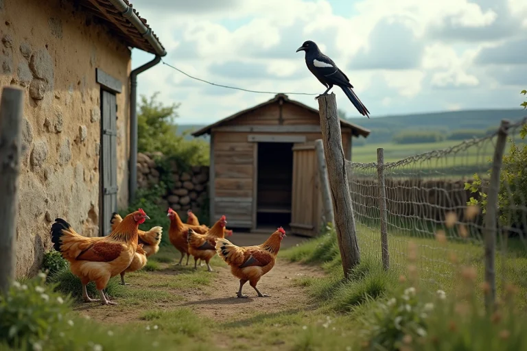 Vue d'ensemble d'un poulailler rustique entouré de grillage avec des poules au sol et une pie perchée à proximité
