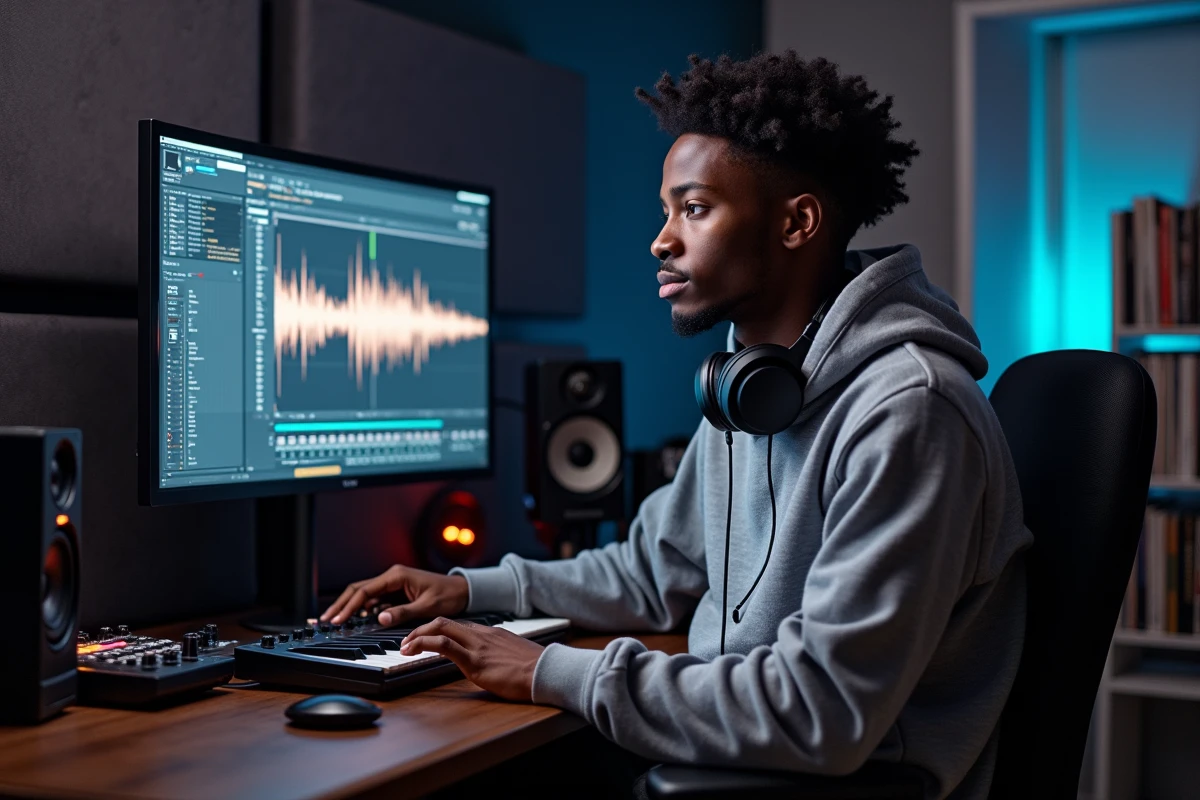 Jeune producteur de musique hip-hop travaillant sur une ligne de basse 808 dans son studio home recording avec écran DAW visible