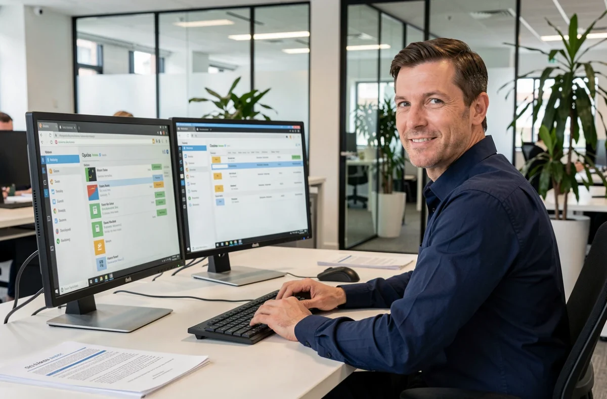 Professionnel gérant ses emails SOGo sur un poste de travail dans un bureau moderne