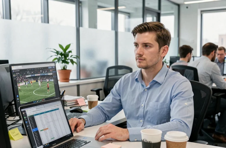 Employé de bureau regardant discrètement un match de foot sur son ordinateur au travail