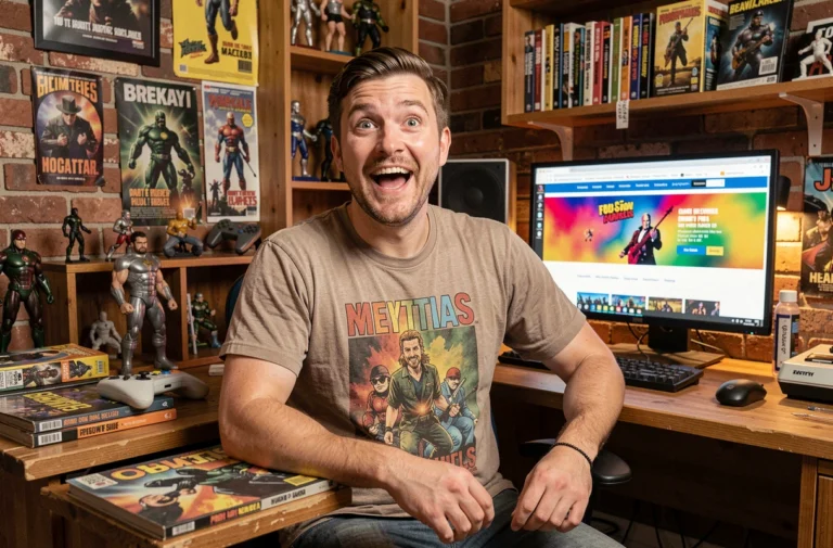 Un homme passionné de geek culture assis à son bureau entouré de figurines et de jeux rétro devant un écran affichant un site geek relancé