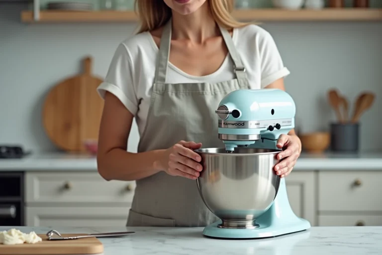 Femme retirant le bol d'un robot Kenwood sur un plan de travail en marbre blanc, mains positionnées sur les languettes de déverrouillage