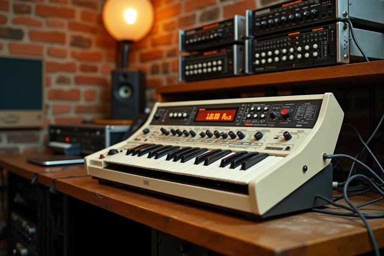 Boîte à rythmes Roland TR-808 vintage posée sur un bureau de studio d'enregistrement analogique avec câbles et équipements rétro en arrière-plan