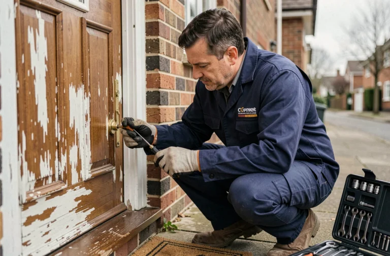 Serrurier professionnel inspectant une serrure endommagée sur une porte d'entrée résidentielle