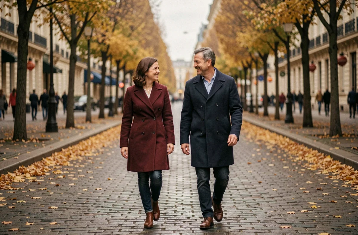 Couple se promenant sur un boulevard parisien en automne, feuilles dorées au sol, ambiance intime et naturelle