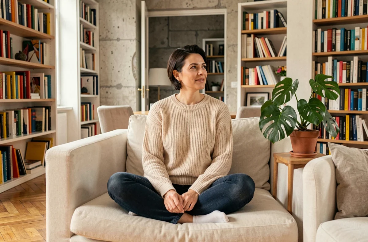 Femme détendue dans un appartement parisien moderne, intérieur chaleureux avec bibliothèque et parquet en chevrons