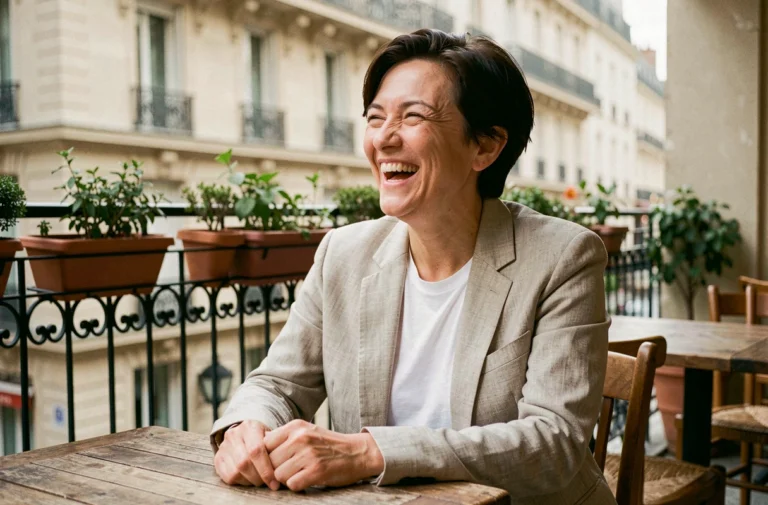 Portrait décontracté d'une femme souriante dans un café parisien en terrasse, ambiance éditoriale