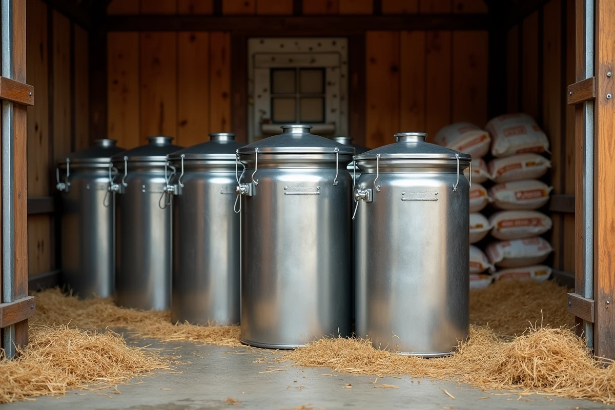 Contenants hermétiques en métal pour le stockage sécurisé du grain dans un hangar de ferme