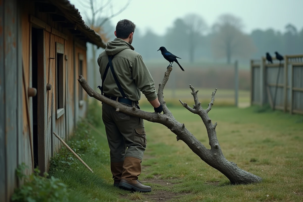 Personne retirant un perchoir en bois situé près de l'enclos d'un poulailler pour décourager les pies