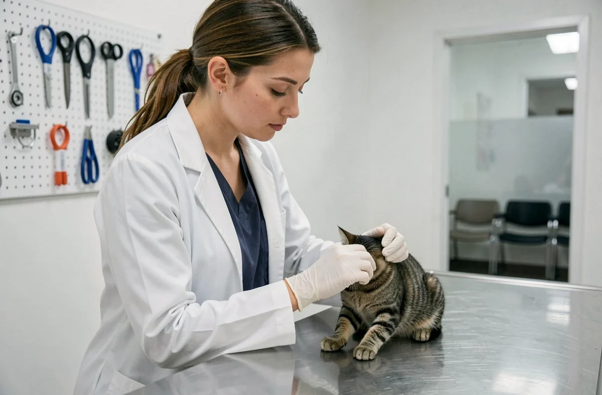 Vétérinaire femme examinant un chat tigré avec soin dans une clinique vétérinaire moderne